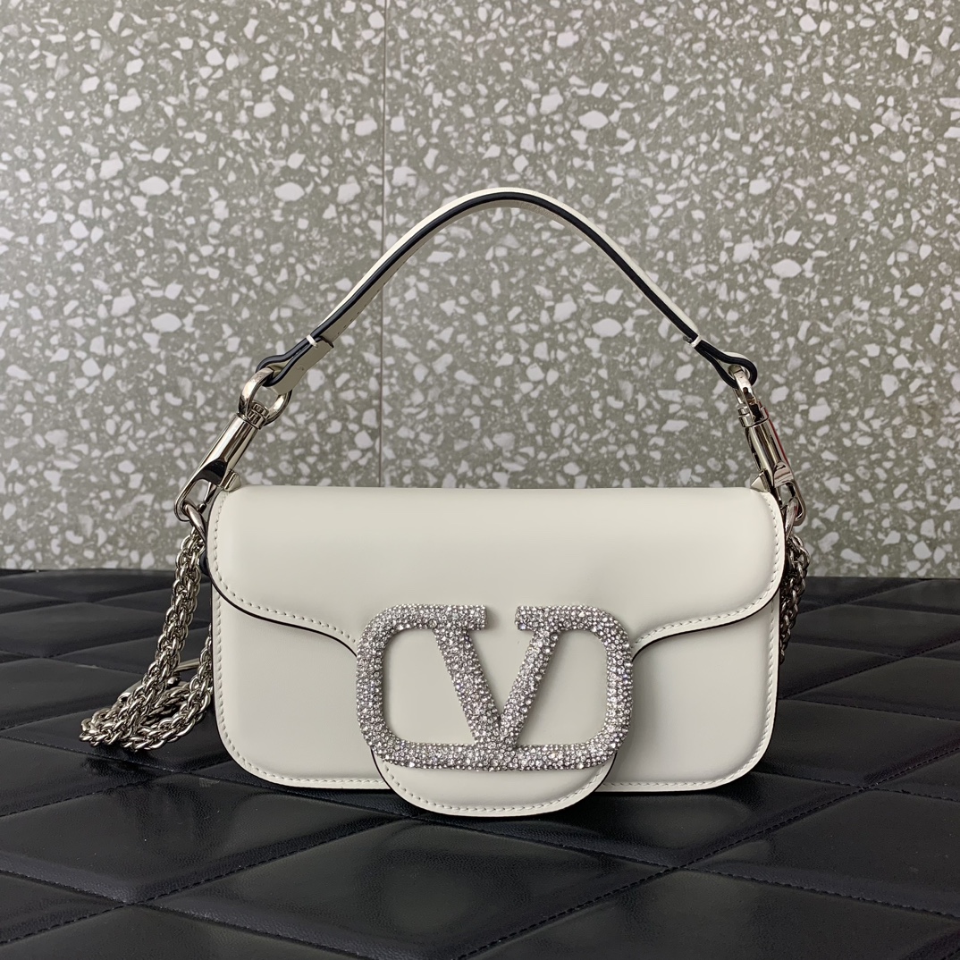 Valentino Garavani Loco Small Shoulder Bag in Ivory Calfskin Leather